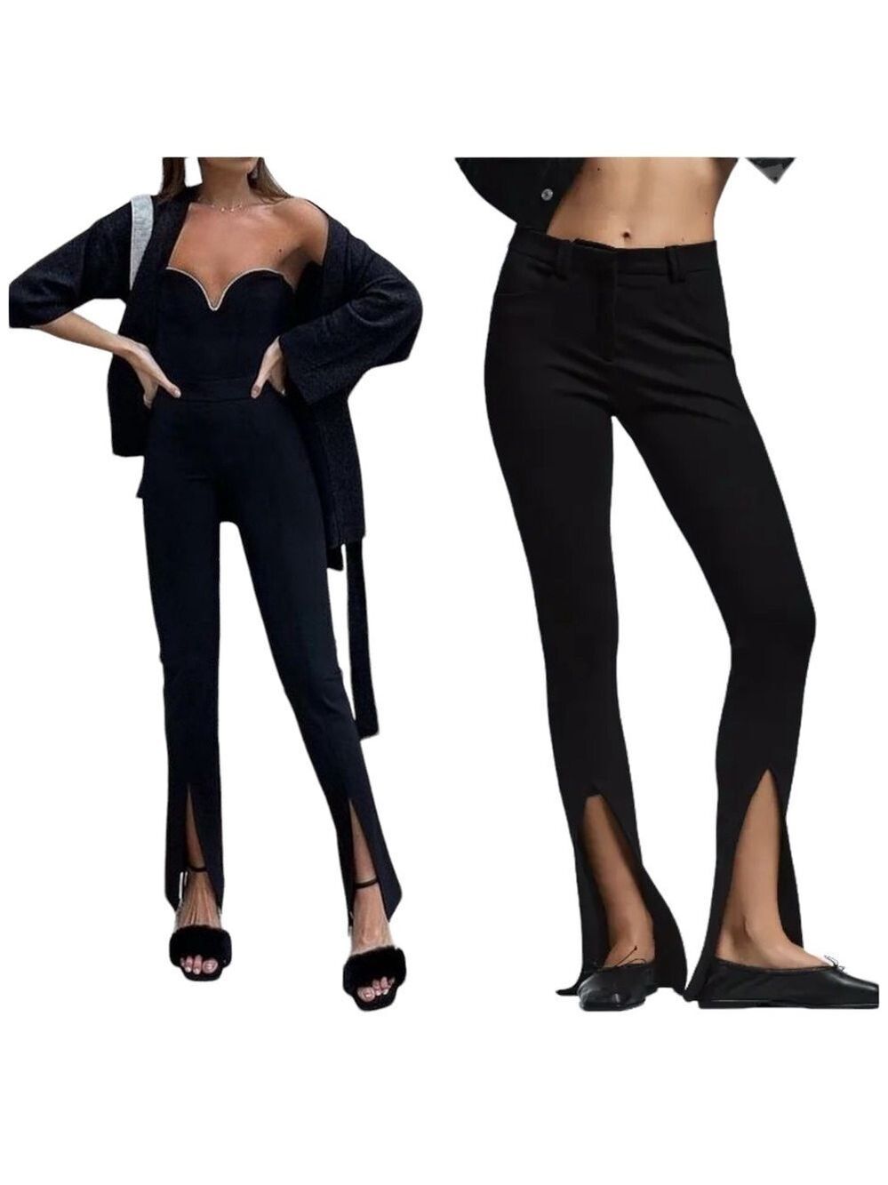 Zara Split Front Hem Mid Rise Stretch Black Trouser Pants